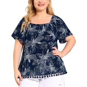 Agnes Orinda Women's Plus Size Floral Tassel Hem Short Sleeves Square Neck Casual Blouses - 1 of 4