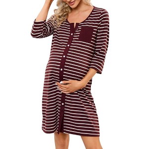 WhizMax Mothers Day Gifts Maternity Nightgown Women's 3/4 Sleeve Striped Nursing Sleepshirt Full Button Breastfeeding Sleep Dress - 1 of 4