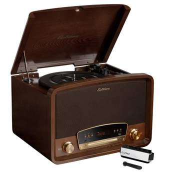 Electrohome Kingston Vintage Vinyl Record Player, Turntable Bluetooth Radio CD Aux USB Vinyl to MP3, Record Cleaning Kit - Walnut