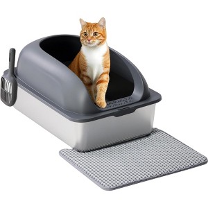 NAYSAYE Cat Litter Box with Lid, Large Cat Litter Box for Big Cats, High Wall Sides, Anti-Urine Leakage, Scoop and Mat, Gray, 23.6"*15.8"*11.8" - 1 of 4