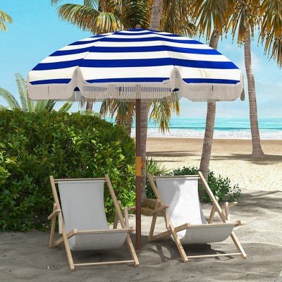 6.2' Blue and White Striped Beach Umbrella with Ruffles