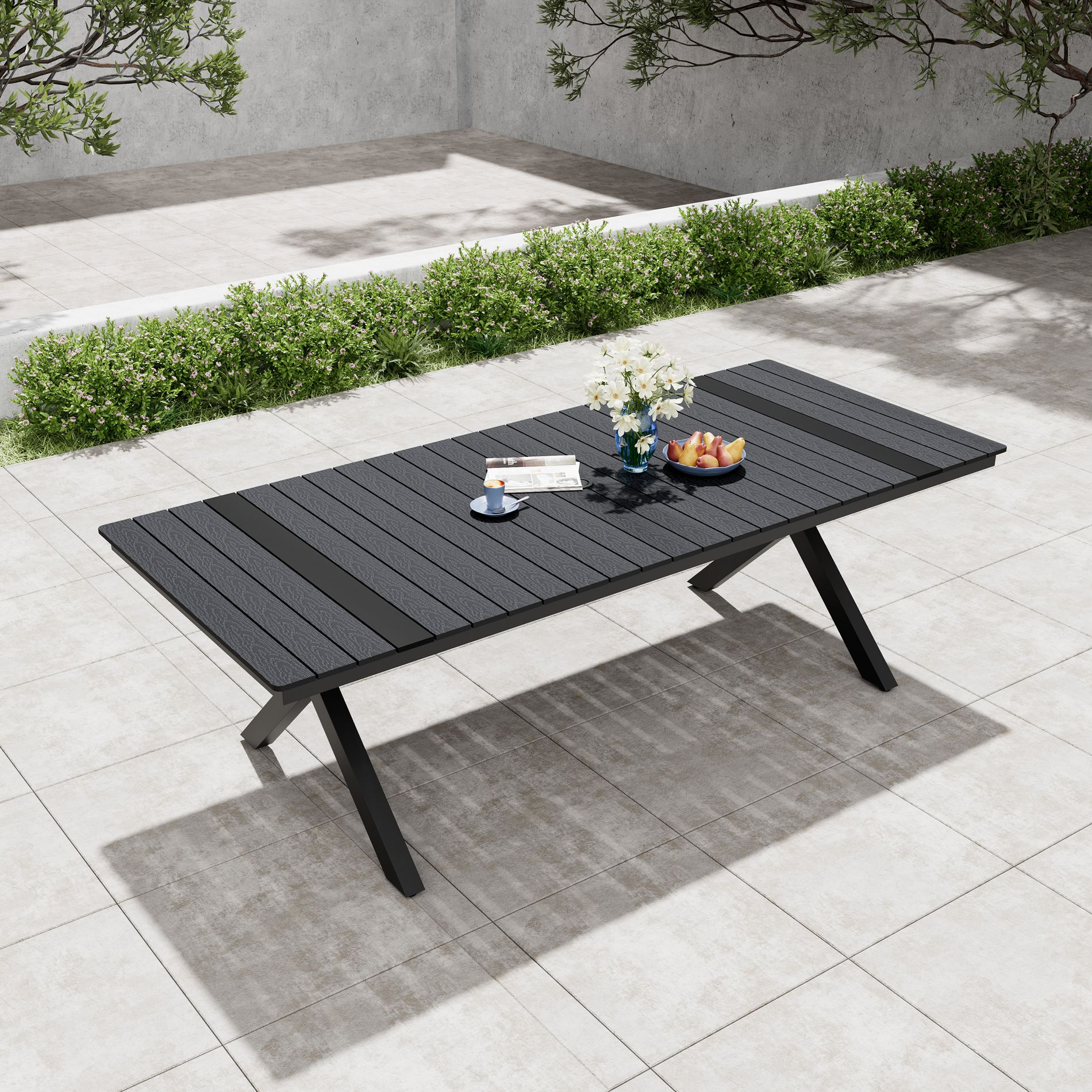 Pellebant 94.3-Inch Outdoor Dining Table X-Shaped Legs Wood-Look Top Aluminum Frame Umbrella Hole Black