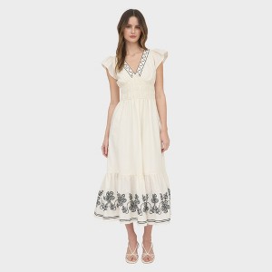 August Sky Women's Deep V-Neck Ruffle Sleeve Smocked Waist Midi Dress - 1 of 4
