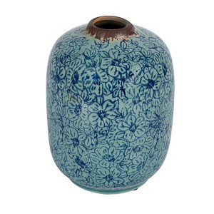 Storied Home Decorative Round Terracotta Vase with Floral Pattern with Distressed Finish, Blue - 1 of 4