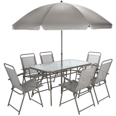 Laurenti 6-Person Grey Glass-Top Outdoor Dining Set with Umbrella