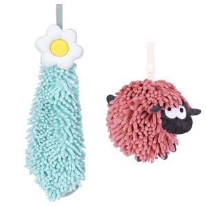 REGALWOVEN Flower and Sheep Shape Absorbent Fast Drying Chenille Hand Towels with Hanging Loop 6" x 15"/7" x 7" 2 Packs - 1 of 4