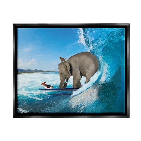 Stupell Industries Surfing Elephant Ocean Waves Framed Floater