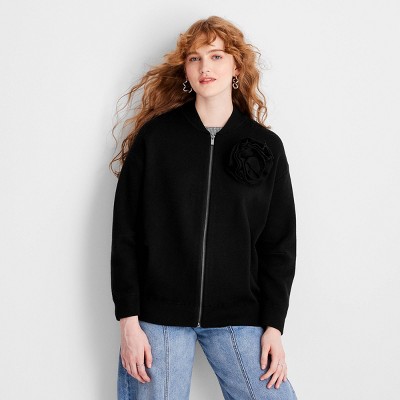 Women's Rosette Sweater Bomber Jacket - Future Collective Black