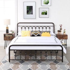 VECELO Full Size Metal Platform Bed Frame with Headboard & Footboard, Mattress Foundation with Steel Slat Support, Bronze Color - 1 of 4