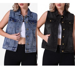INSPIRE CHIC Women's Sleeveless Turndown Collar Button Down Chest Flap Pockets Washed Denim Vest 2 Packs - 1 of 4