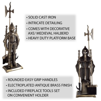 Medieval Knight Antique Brass Cast Iron 3-Piece Fireplace Tool Set