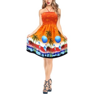 LA LEELA Women's House Daily Routine Evening Wear Boho Backless Smocked Mini Flowy Dress Tube Top Strapless Dresses for Women One Size Orange, Tree - 1 of 3