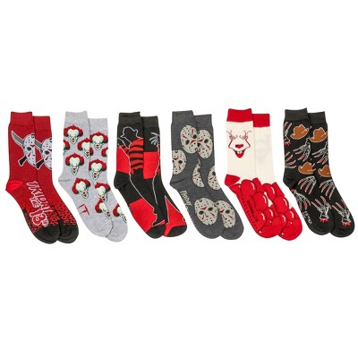 Adult Horror Movie Villains Pennywise Jason, Freddy Kruger 6-Pack Crew Socks
