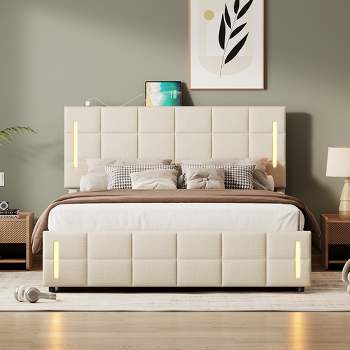 Full/Queen Size Upholstered Bed with Hydraulic Storage System and LED Light - ModernLuxe