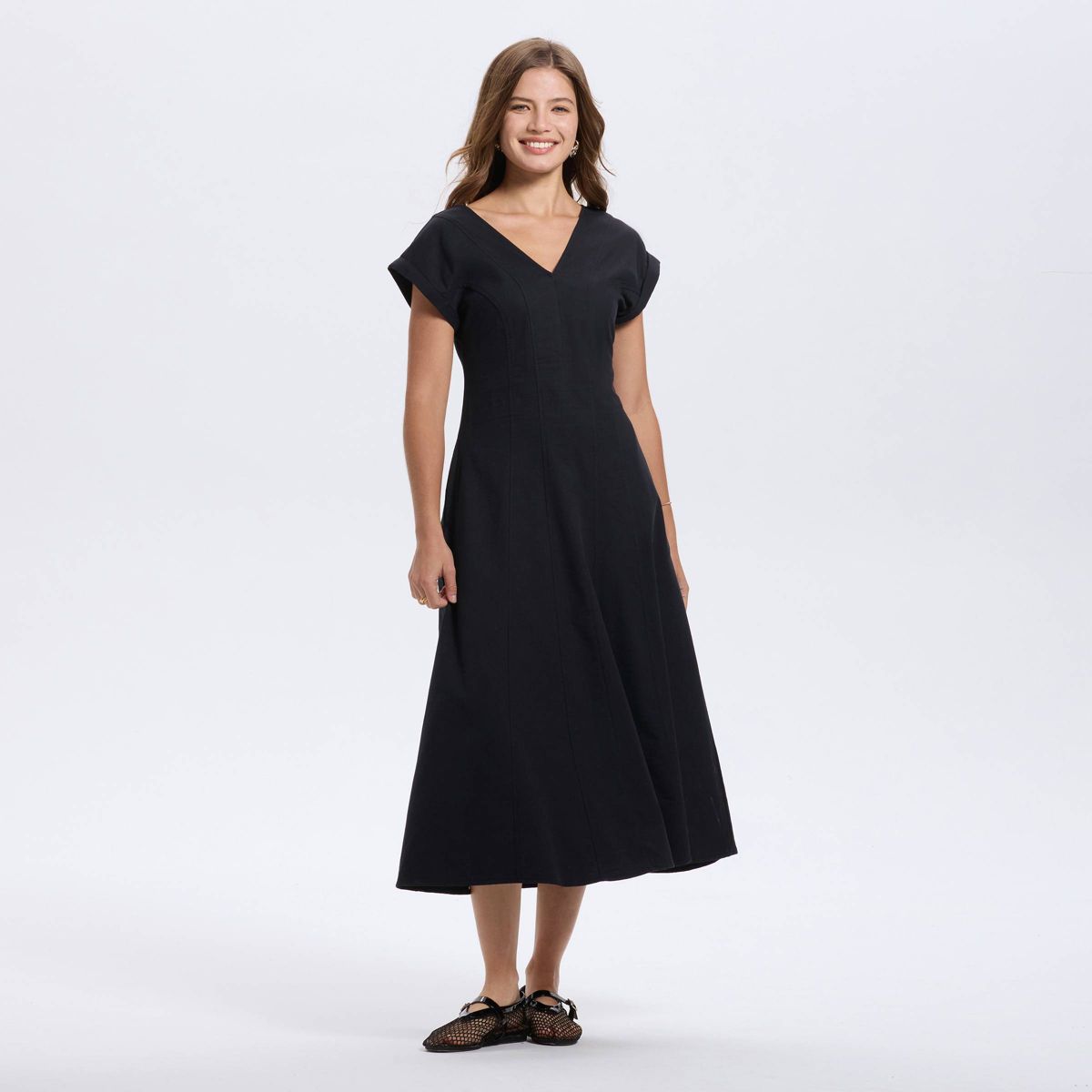 Women's Short Sleeve V-Neck Midi A-Line Dress - A New Day™