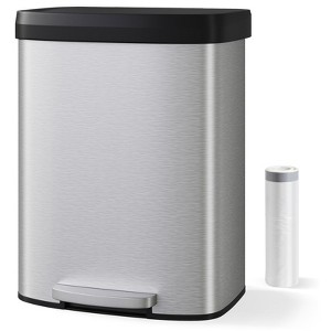 16 Gallon / 60 Liter Metal Trash Can with Lid, Rustproof Step-on Kitchen Metal Trash Bin with Liner Rim, Rear Handle, Soft Close Plastic Lid, Black - 1 of 4