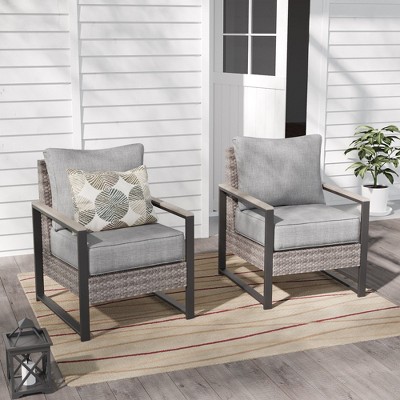 Sonkuki 2 Piece Wicker Patio Chairs Set, All-Weather PE Rattan Wicker Chair Patio Conversation Couch with Cushion