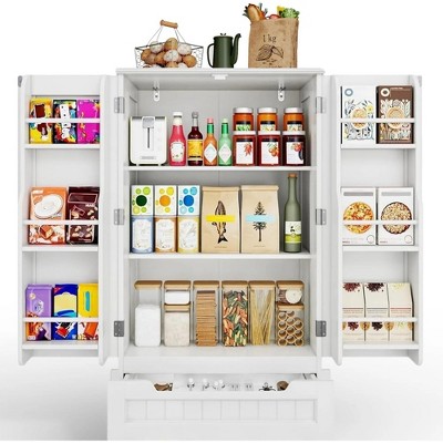 LunaLulinlk Small Kitchen Pantry Storage Cabinets with Doors and Shelves, 41'' Kitchen Pantry with Drawers for Dining Room and Living Room, White