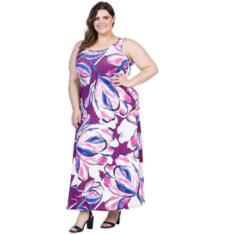 24seven Comfort Apparel Plus Size Casual Purple Floral Scoop Neck Sleeveless Maxi Dress With Pockets, 2 of 7