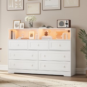 7 Drawer Wood Dressers for Bedroom with LED Lights, Wooden Dresser with Charging Station and 2 Open Compartments, Modern Chest of Drawers - 1 of 4