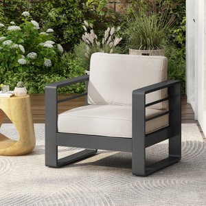 Christopher Knight Home Raban Outdoor Aluminum Club Chair with Cushions, Black/Beige - 1 of 4