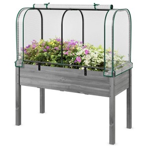 Costway Wood Raised Garden Bed with Greenhouse Cover Mini Portable Greenhouse Kit Green/White+Gray/Beige - 1 of 4