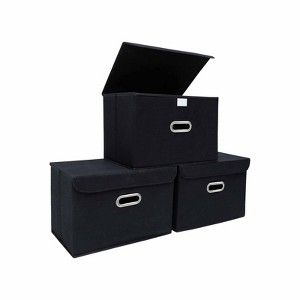Aoibox Fabric Storage Cube Bins with Lids Foldable Organizer Collapsible Basket Metal Handles Black 3 Pieces Home Closet - 1 of 4