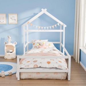 JOYMOR Twin House Floor Bed Frame with Roof, Wooden Montessori Bed with Safety Fence, Kids Bedroom (White) - 1 of 4