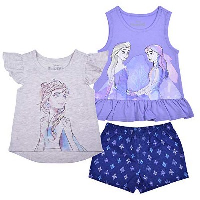 Disney Girl's 3-Pack Ruffle Sleeve Tee, Sleeveless Peplum Shirt and Casual Short Set for Kids