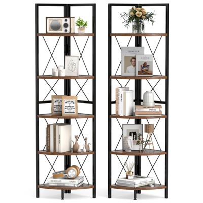 Tangkula 2 PCS 5-tier Corner Display Rack Corner Ladder Bookshelf w/ Sturdy Metal Frame