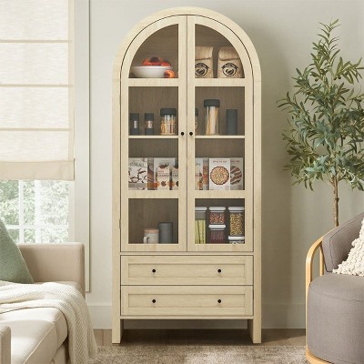 70" Tall Arched Kitchen Pantry - Modern Farmhouse Wood Storage Cabinet with Adjustable Shelves for Kitchen, Dining Room, Living Room-Tanpinhause