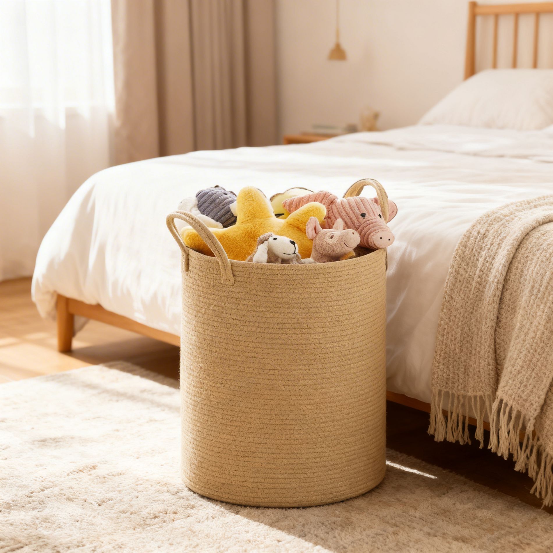 Cotton Rope Laundry Basket, Natural Fiber Hamper with Handles, for Kids' Toys Clothing Bedroom Living Room, White & Grayish Brown