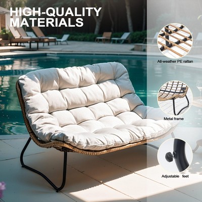 Beige Wicker and Metal Two-Seat Outdoor Loveseat