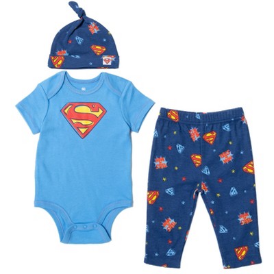 Image of DC Comics Justice League Superman Newborn Baby Boys Bodysuit Pants and Hat 3 Piece Outfit Set Blue 0-3 Months