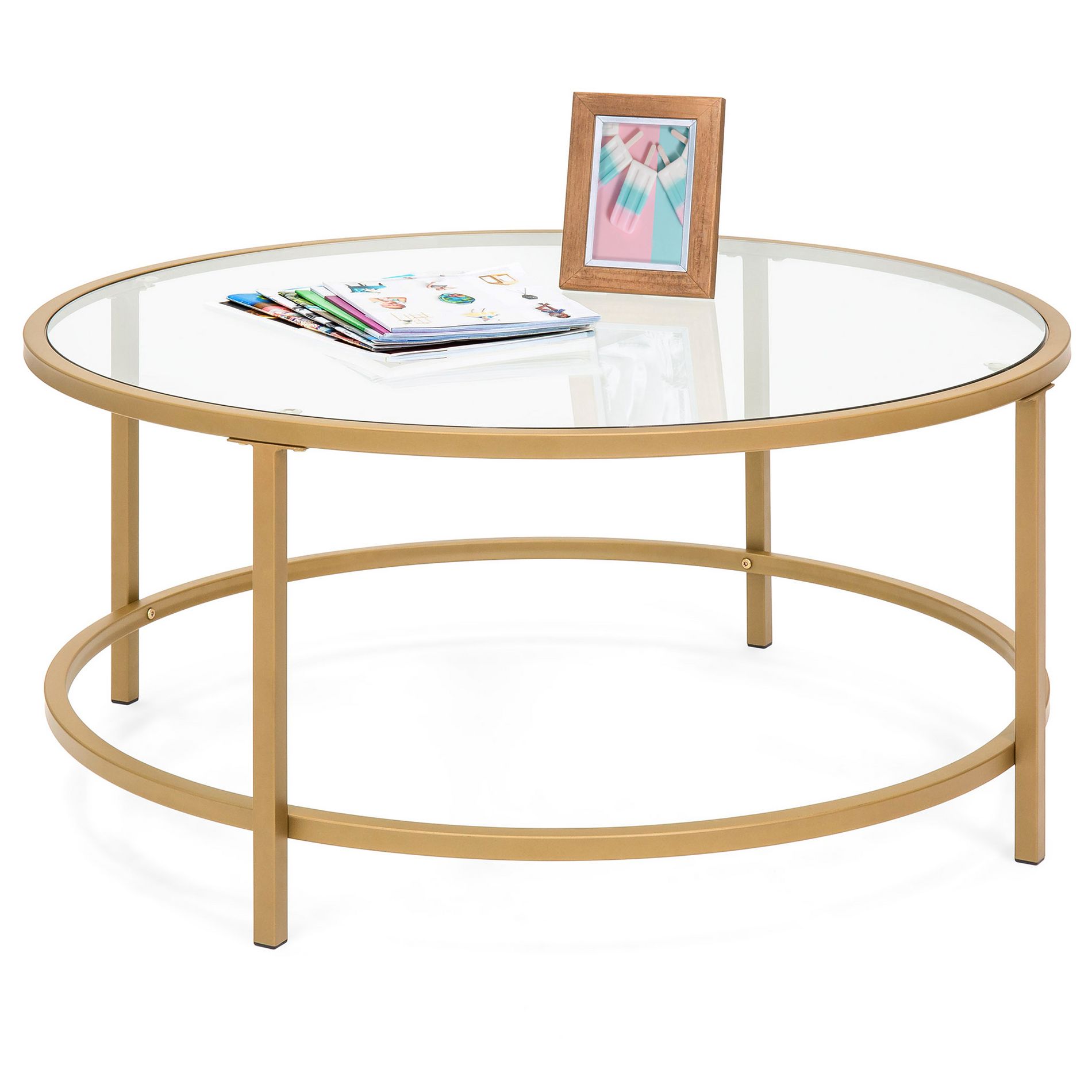 Best Choice Products 36in Round Tempered Glass Coffee Table for Home, Living Room, Dining Room w/ Satin Trim - Gold