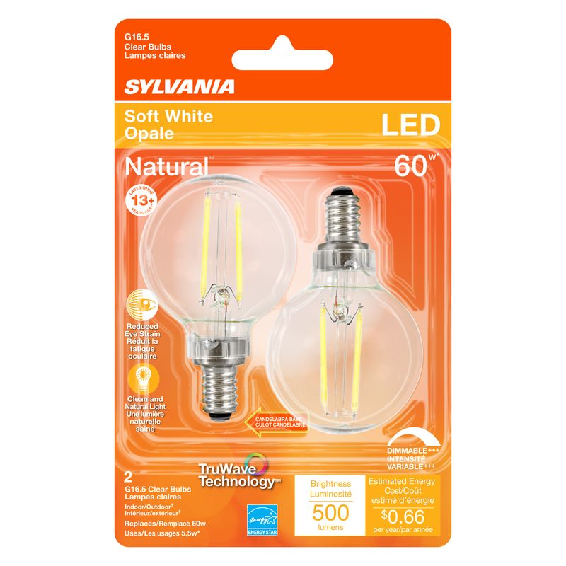 Sylvania Natural G16.5 E12 (Candelabra) LED Bulb Soft White 60 Watt Equivalence 2 pk, 1 of 2