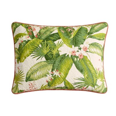 Ecru Twin Cotton Reversible Quilt Set with Palm Leaf Design
