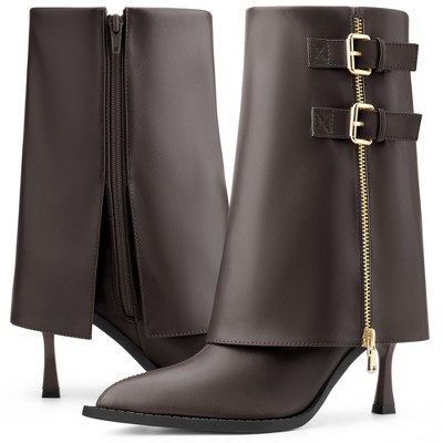 BLISSFUL STEP Women's Pointed Toe Mid Calf Fold Over Buckle Stiletto Heel Boots