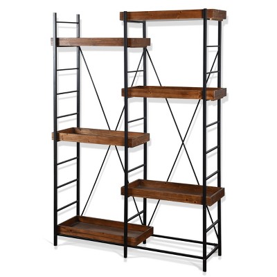 76" Tri Industrial Bookcase Metal and Wood Black/Mahogany - StyleCraft