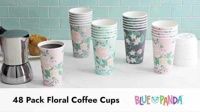 Blue Panda 48 Pack Disposable 16oz Coffee Cups with Lids, Floral Paper To Go Coffee Cups for Party, Wedding Shower, 4 Pastel Colors, 2 of 11, play video