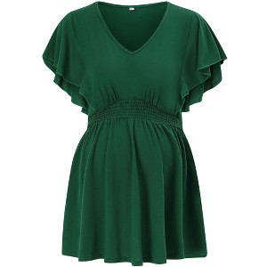Clearlove Maternity Shirts V Neck Ruffled Sleeve Floral Tops Pleated Ruffle Hem Lightweight Summer Casual Tunic Blouses - 1 of 3