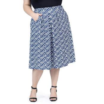 24seven Comfort Apparel Navy Print Plus Size Elastic Waist Pleated Knee Length Pocket Skirt