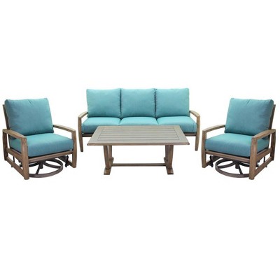 Courtyard Casual Avalon FSC Teak 4 pc Sofa Motion Seating Group  Includes:  One Sofa, Two Swivel Gliders and One Coffee Table