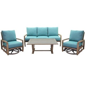 Courtyard Casual Avalon FSC Teak 4 pc Sofa Motion Seating Group  Includes:  One Sofa, Two Swivel Gliders and One Coffee Table - 1 of 4