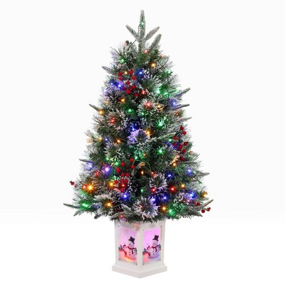 Homhougo 3FT Flocked Christmas Tree with Snowman Base and Multicolor Ornaments, Mini Holiday Accent for Table