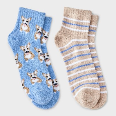 Women's Corgi 2pk Cozy Quarter Crew Socks - Blue/Tan 4-10