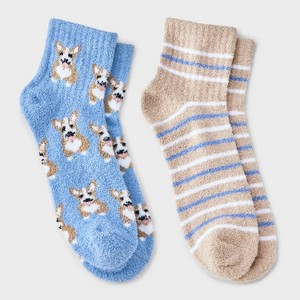 Women's Corgi 2pk Cozy Quarter Crew Socks - Blue/Tan 4-10 - 1 of 3
