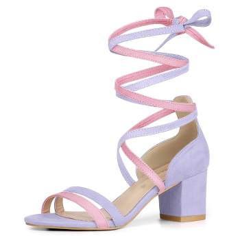 Allegra K Women's Faux Suede Open Toe Color Block Heel Lace Up Sandals