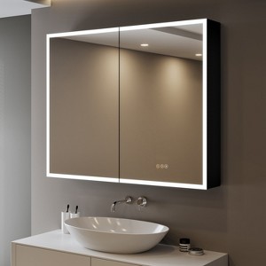 Flora Medicine Cabinet with Mirrors and Lights, Recessed/Wall Mounted Bathroom Cabinet with 3 Mode Light, Dimmable, Anti-Fog, Black - 1 of 4
