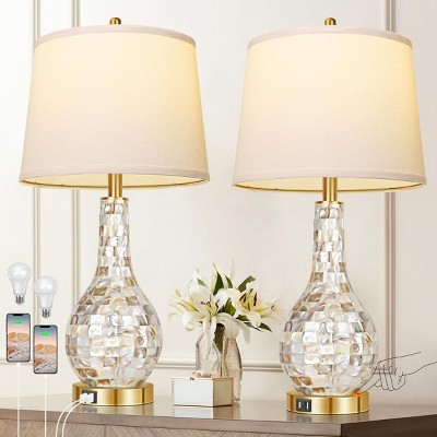 25"Glass Table Lamp In Living Room 3 Color Set Of 2,Table Lamp With 2 USB Charging Ports,Modern Table Lamps Bedroom -The Pop Home